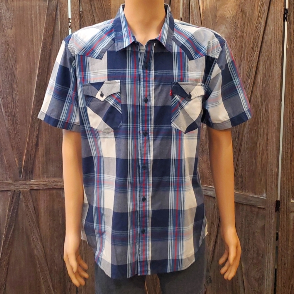 Mens Levi's red, white, & blue plaid button down size XL